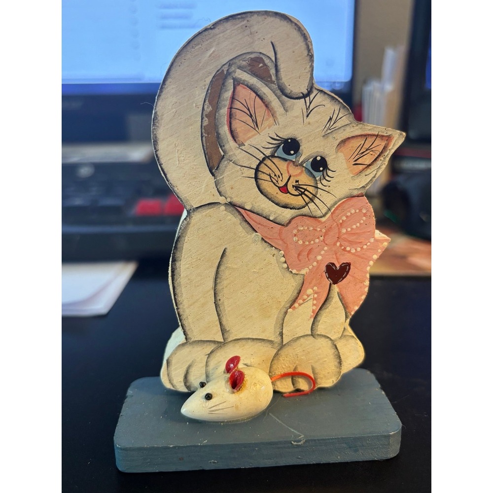Vintage Hand Painted and Wood Cat & Mouse Cutout stand Home Decor 5" Tall